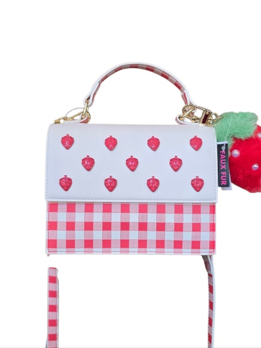 Betsey Johnson Strawberry Gingham Red White Crossbody Handbag - Picture 3 of 12
